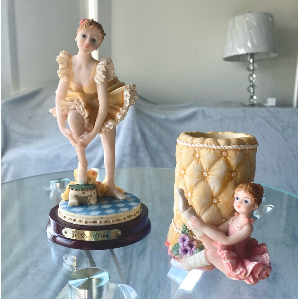 Beautiful warm peach color ballerina figurine and pen holder set!